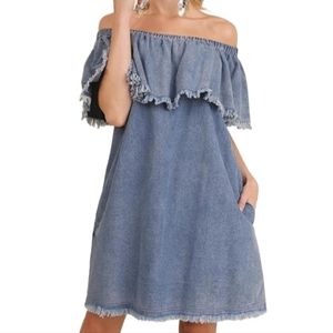 Umgee Chambray Cold Shoulder Fray Hem Dress, EUC, pockets, size S